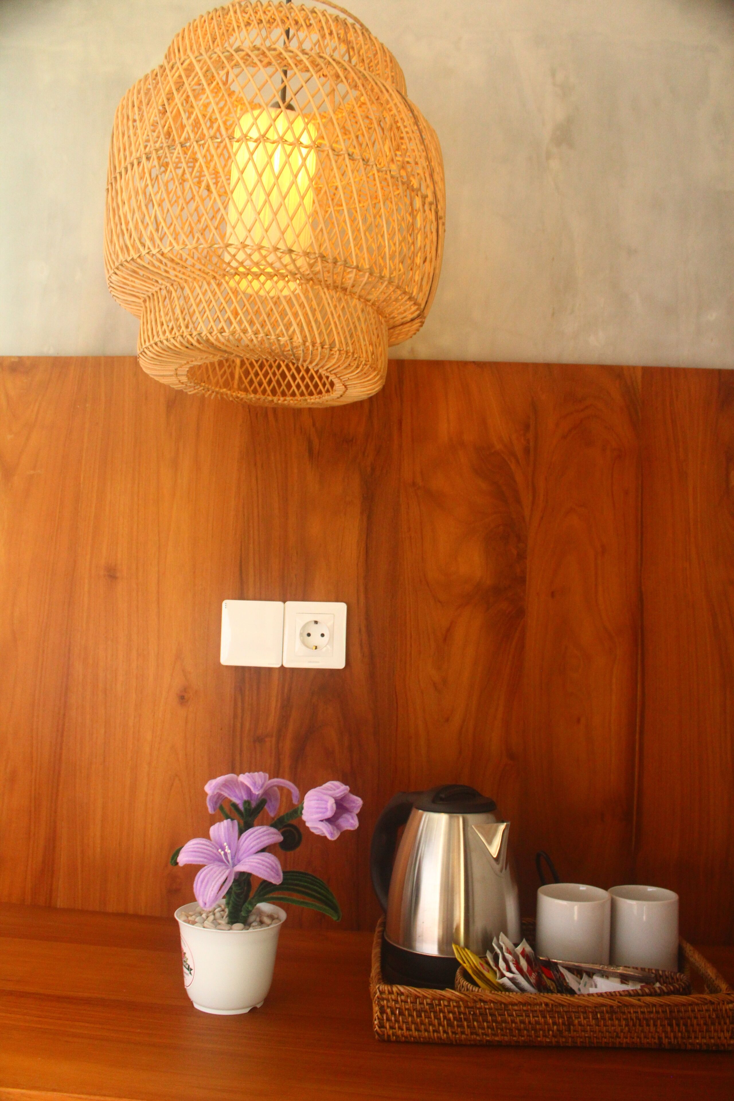 A wooden wall with a power outlet, a wicker lamp, a potted plant, a tray with a kettle, cups, and a magazine.