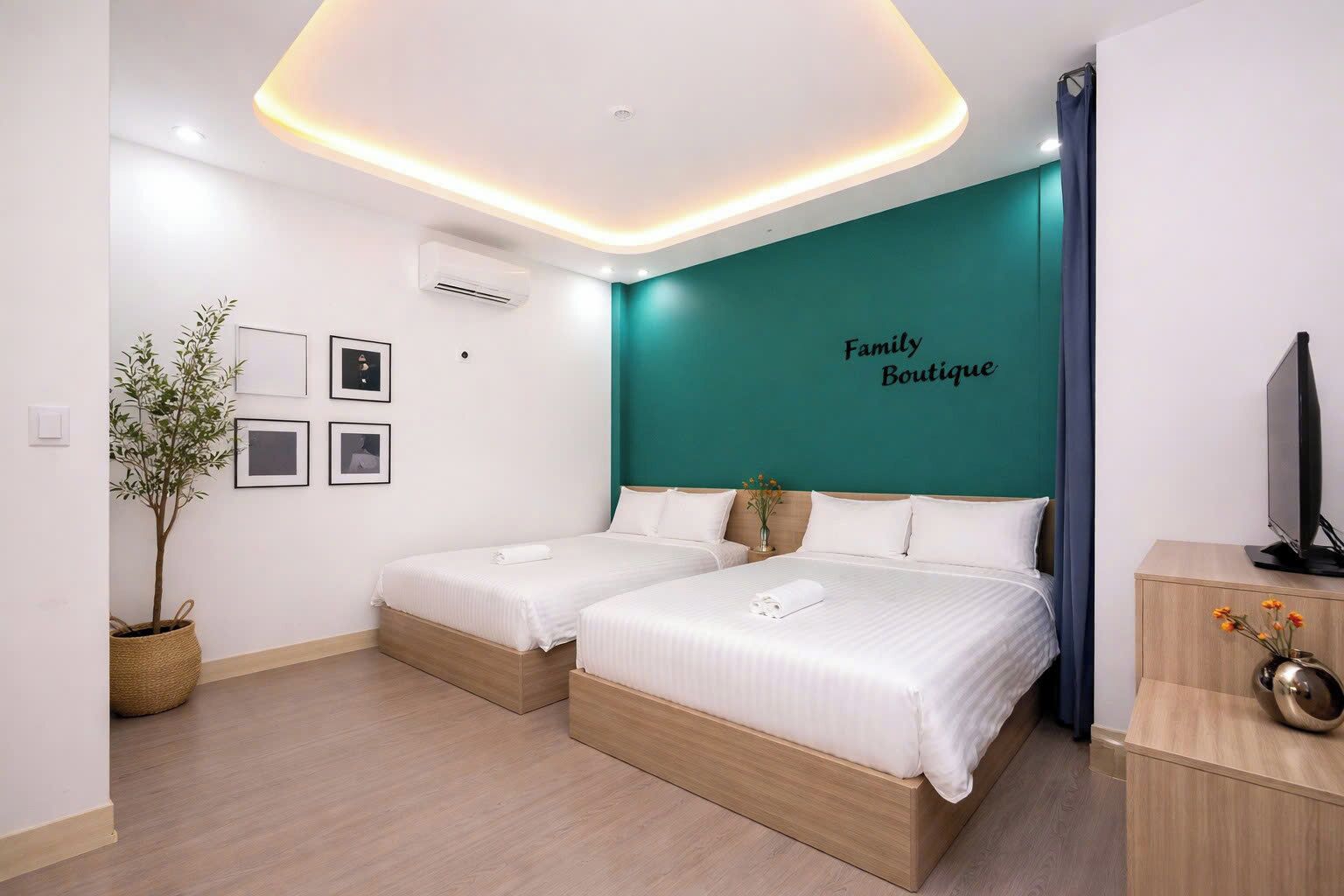 Een hotelkamer met twee bedden, een plafondlamp, een wandairconditioner, ingelijste foto’s, een potplant en een televisie op een houten kast.