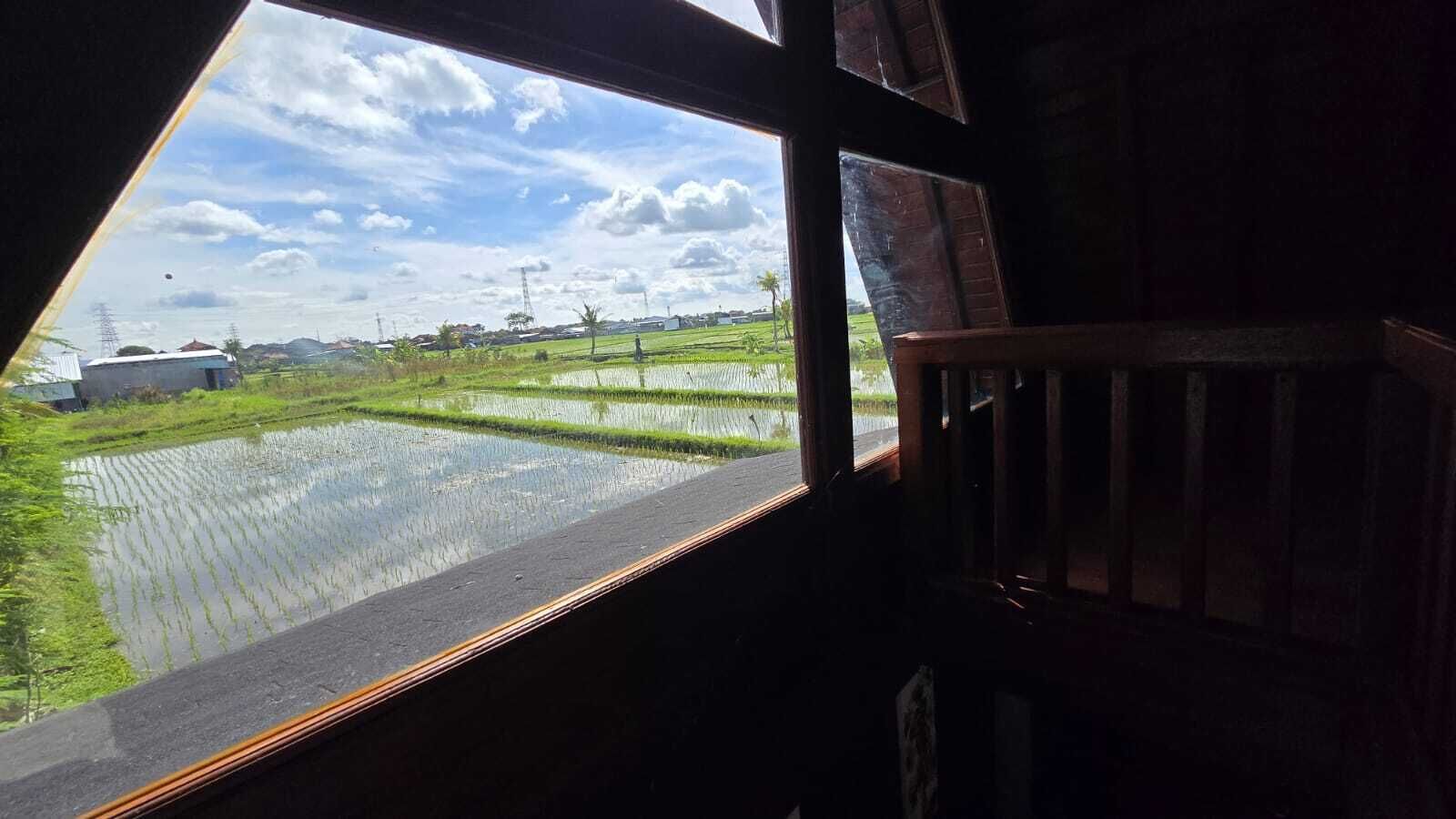 A view of a waterway with green fields and buildings in the background through a window.