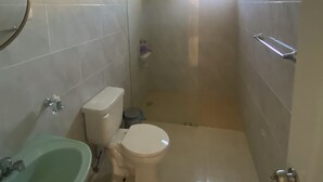 Une petite salle de bain avec des toilettes, un lavabo et une douche.
