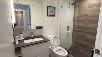 Secadora de cabello, toallas, jabón, papel de baño