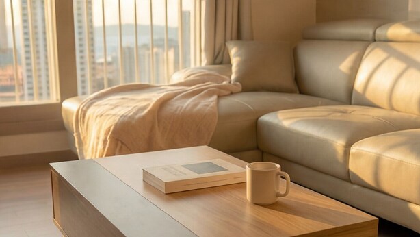 Una sala de estar moderna con un sofá, una mesa de centro, un libro y una taza.