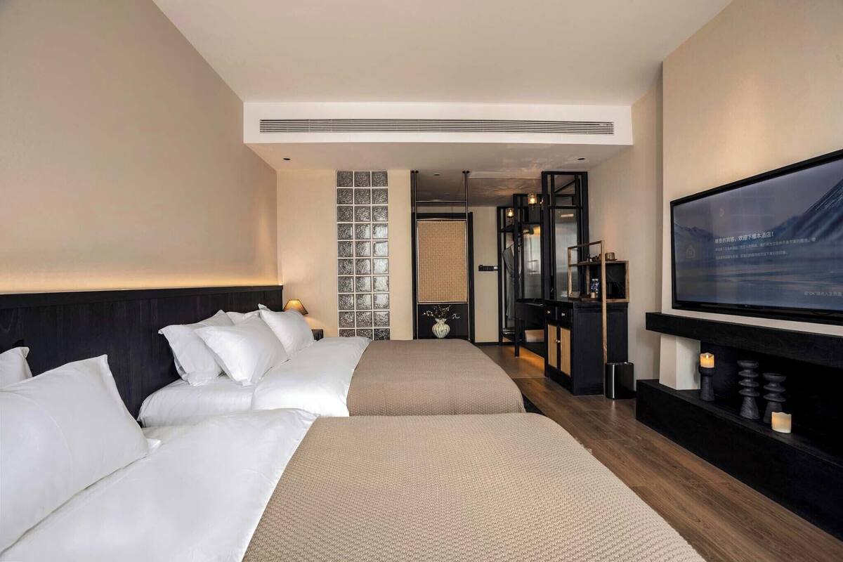 Een hotelkamer met twee bedden, een televisie, een open haard en uitzicht op de stad.