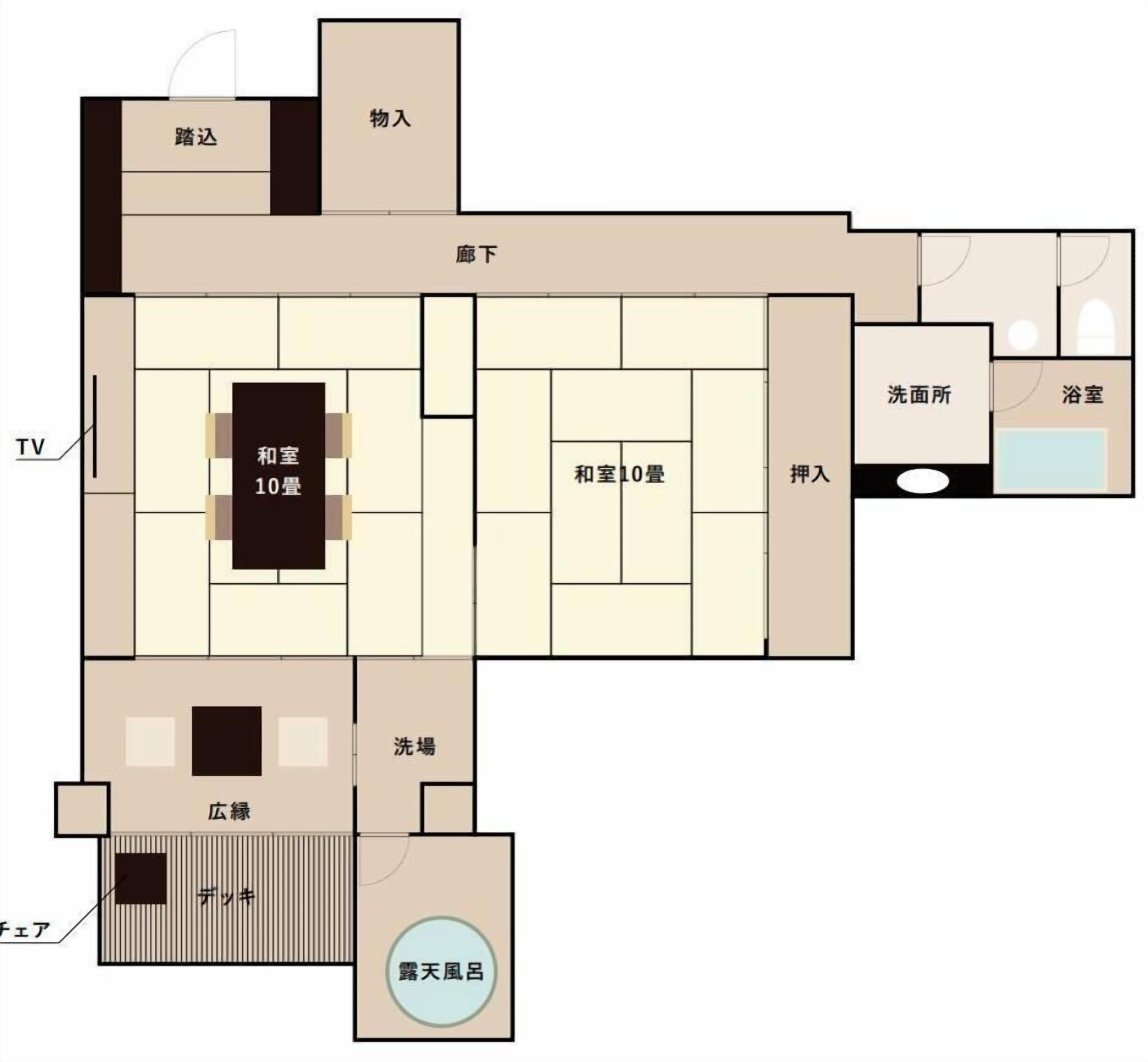 A hotel layout with a TV, 10-room suite, 10-room suite, bathroom, and a toilet.