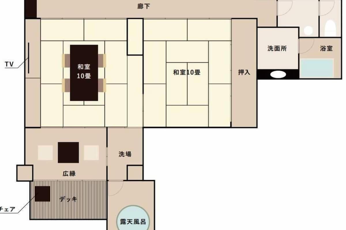 A hotel layout with a TV, 10-room suite, 10-room suite, bathroom, and a toilet.