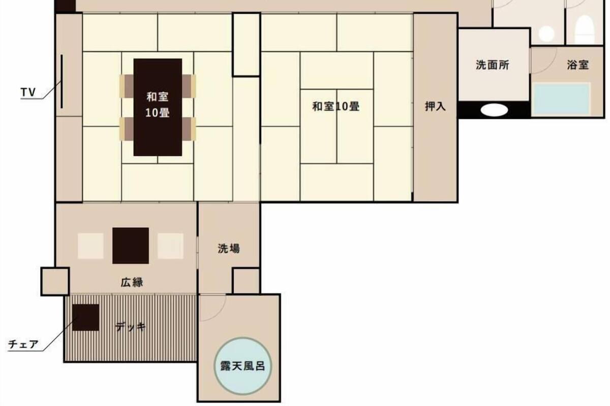 A hotel layout with a TV, 10-room suite, 10-room apartment, bathroom, and a terrace.