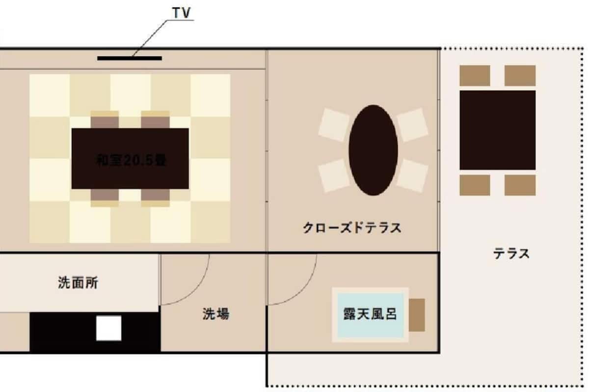 A hotel room layout with a TV, closet, bed, bathroom, and a desk area.
