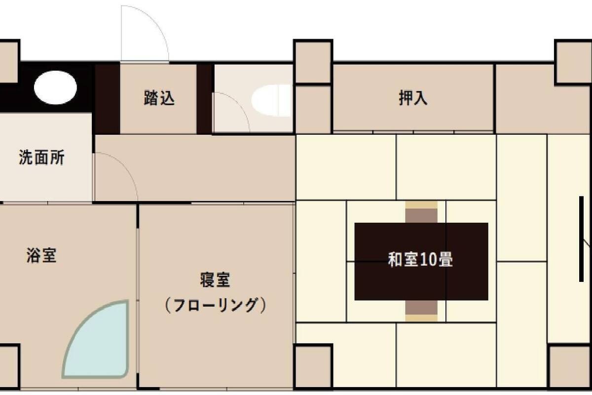 A hotel layout with a bathroom, shower, toilet, and a TV in the room.