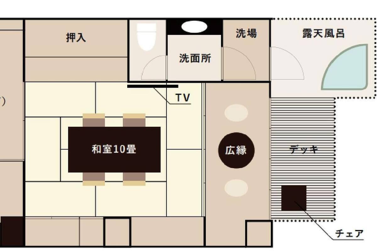 A hotel layout with 6 bedrooms, a TV, a TV room, a bathroom, and a terrace.