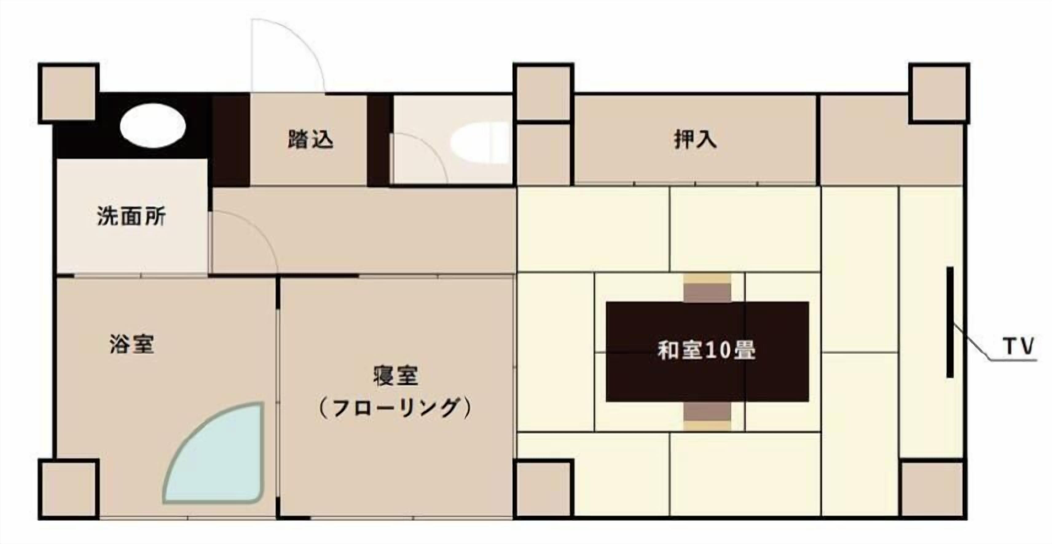 A hotel layout with a bathroom, bedroom, living room, TV, and a small balcony.