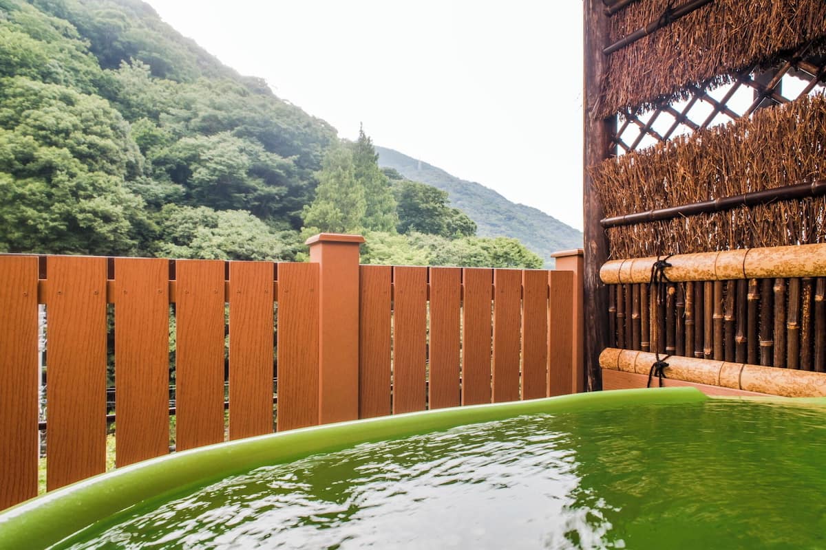 A wooden fence, a bamboo structure, and a green pool.