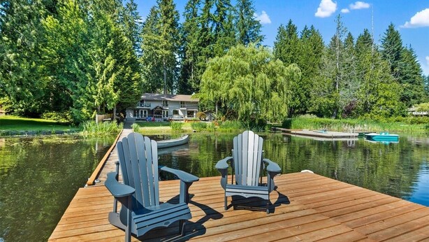 Un muelle de madera con dos sillas Adirondack, una casa al fondo y un lago tranquilo rodeado de árboles.