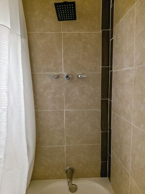 Hair dryer, towels, soap, shampoo