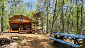 A wooden cabin with a porch, a picnic table, and a forested backdrop. - Hiker’s Haven: Cherokee National Forest Retreat! (Reliance)