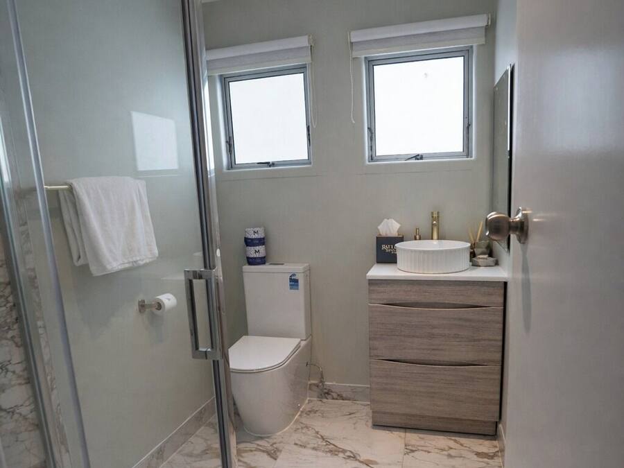 A bathroom with a glass shower enclosure, a toilet, a sink with a mirror, and two windows.