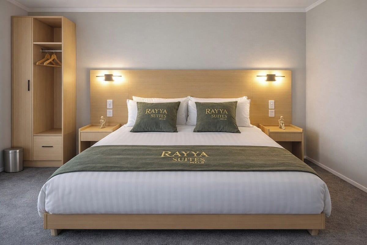 A neatly made bed with a green bedspread and two pillows, each with "Rayya Suites Melb" embroidered. There are two bedside tables with wall-mounted lamps, a wooden wardrobe, and a small trash bin.