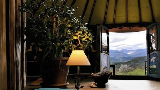 Une pièce avec une grande plante en pot, une table avec une lampe et une vue sur les montagnes par une porte ouverte.