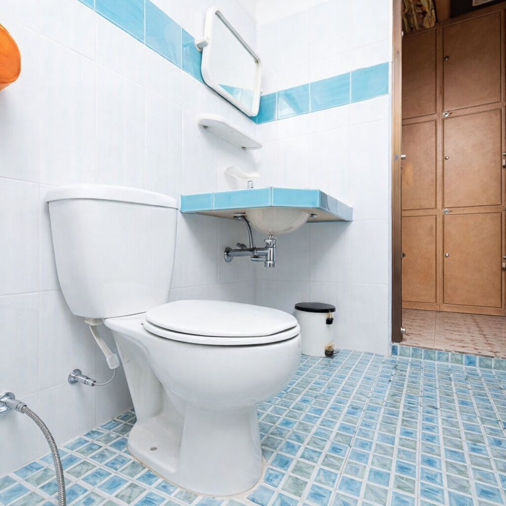 A bathroom with a white toilet, a sink with a blue countertop, and a tiled floor.