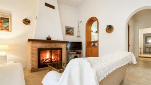 Una sala de estar con chimenea, televisor y sofá.