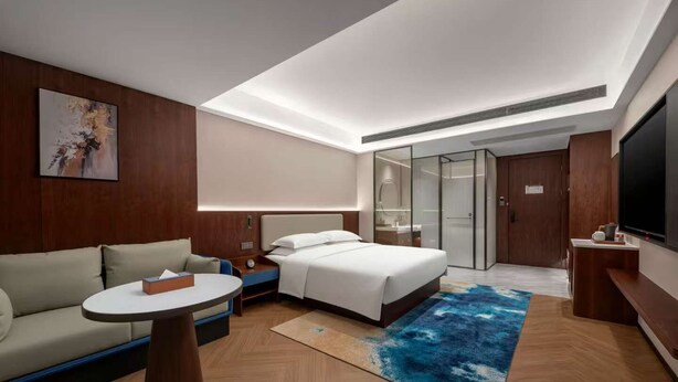 Una habitación de hotel moderna con cama, sofá, una mesita, televisión y baño con puerta de vidrio.