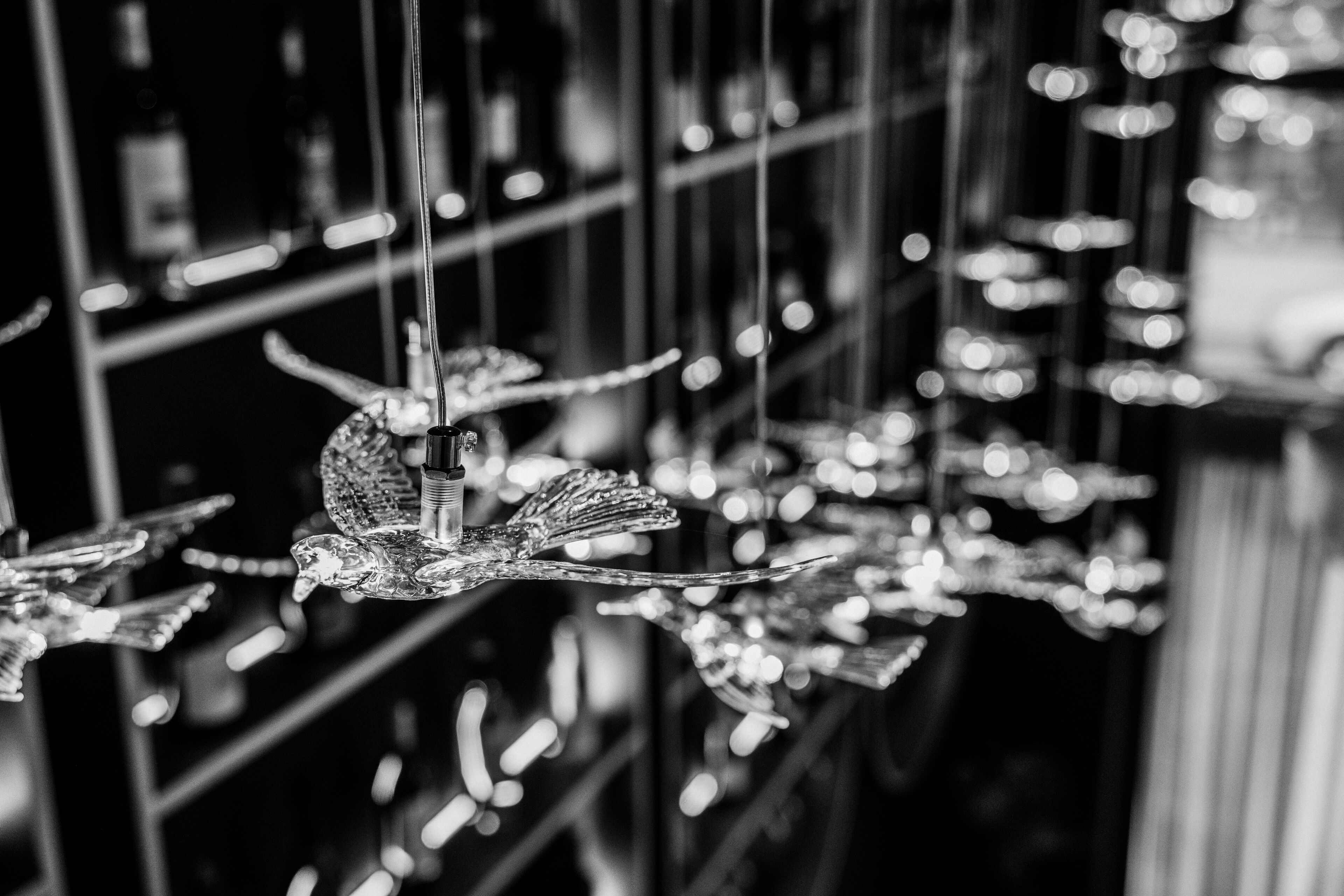 A black and white photo of hanging decorative glass ornaments, including birds and leaves, in a store setting.