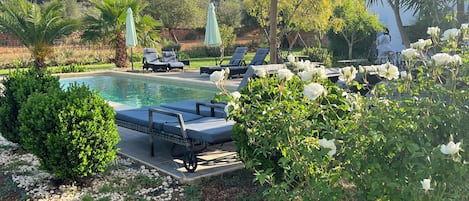 A pool area with lounge chairs, a thatched umbrella, and white flowers.