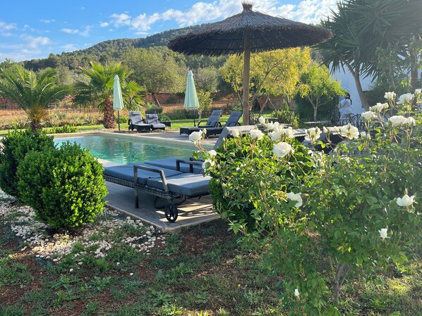 A pool area with lounge chairs, a thatched umbrella, and white flowers.