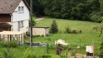 Een huis met omheinde tuin, een houten terras en een tuin.