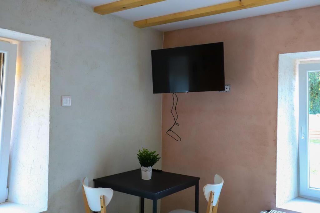 A room with a TV mounted on the wall, a small table with a plant, and two chairs.
