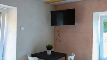 A room with a TV mounted on the wall, a small table with a plant, and two chairs.