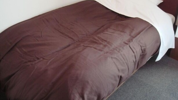A single bed with a brown bedspread and white pillow, a wooden headboard, and a plain white wall. - Single Inn Niigata No.2 (Niigata)