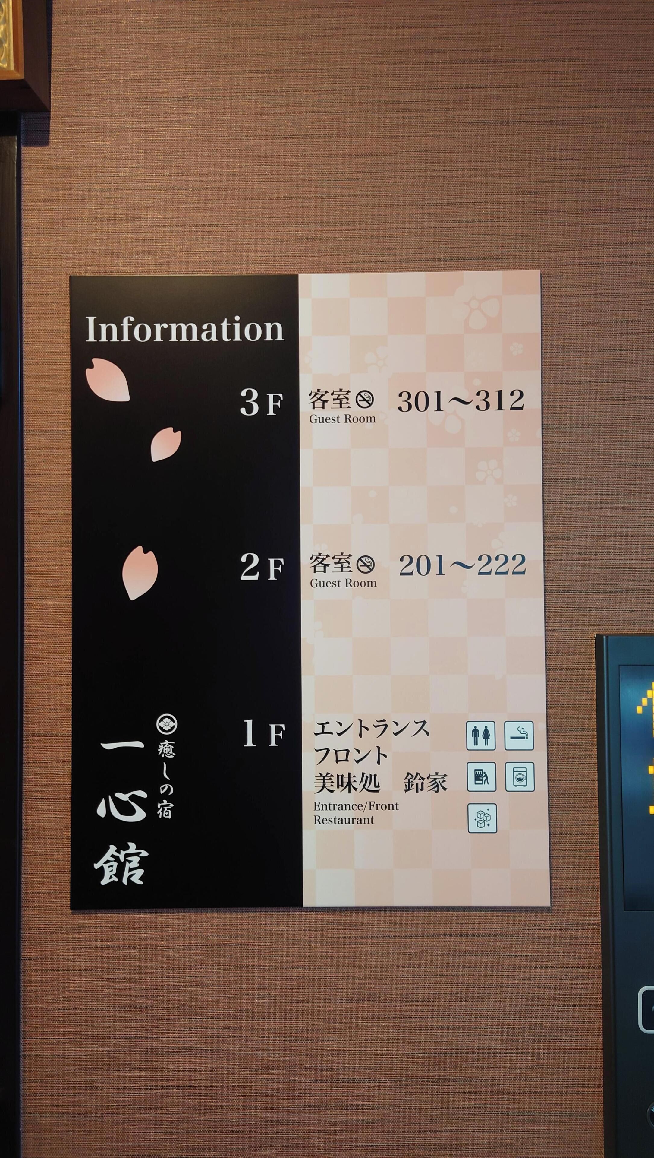 A hotel information board with room numbers and a guest room icon.
