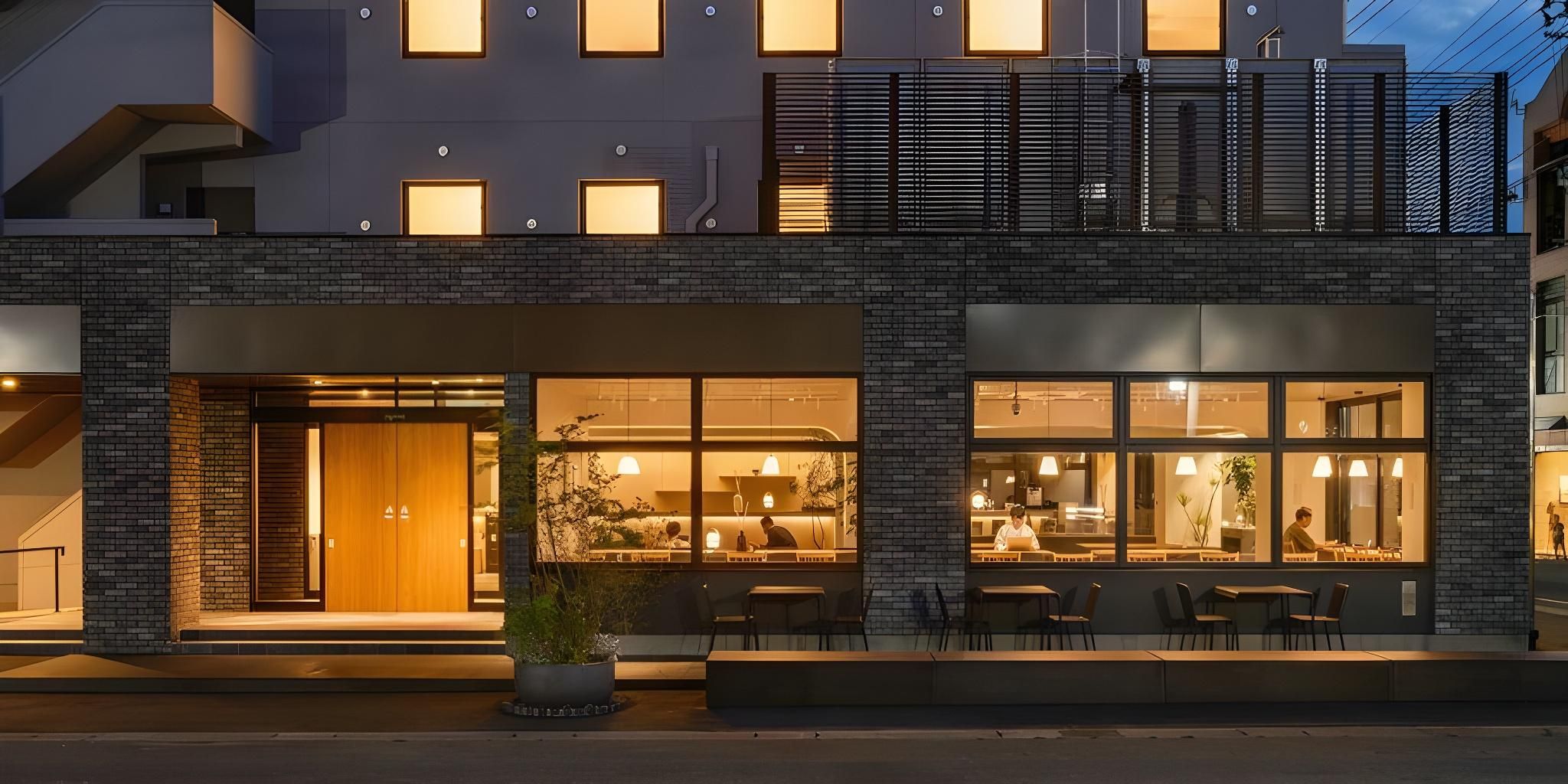 A modern building with a brick facade, large windows, and a flat roof.