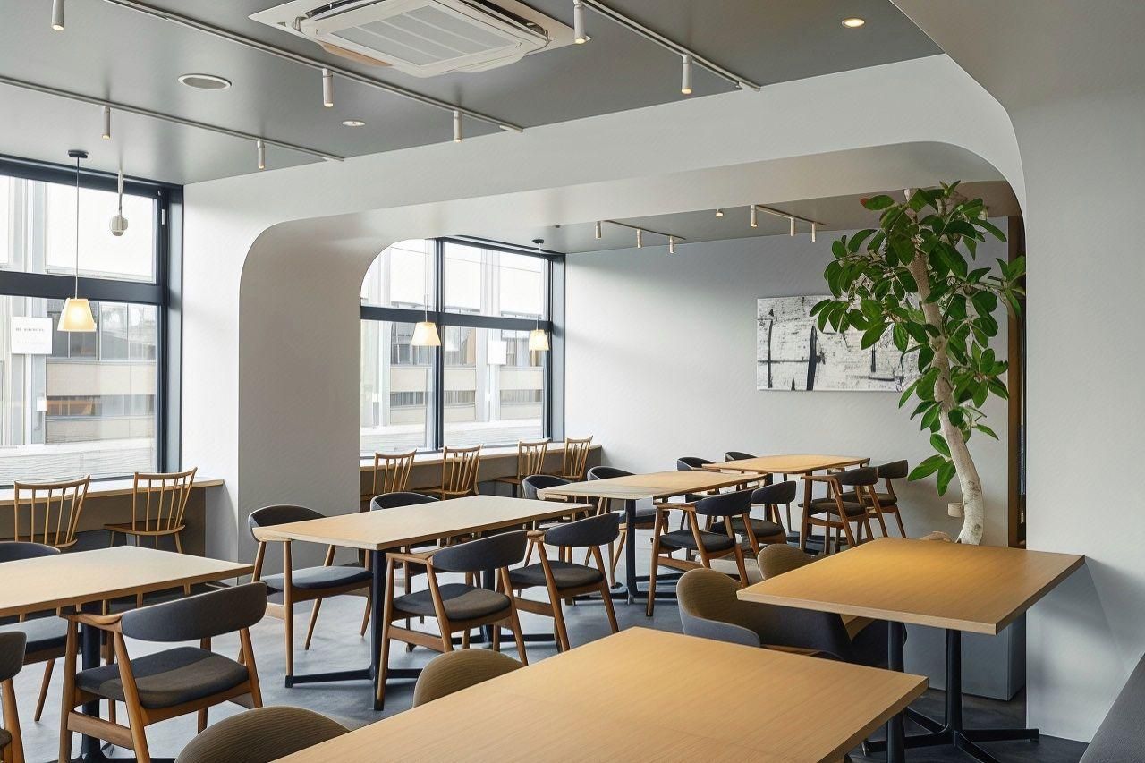 Espaço interior moderno com mesas e cadeiras dispostas para refeições, amplas janelas permitindo entrada de luz natural, e uma planta adicionando um toque de verde.