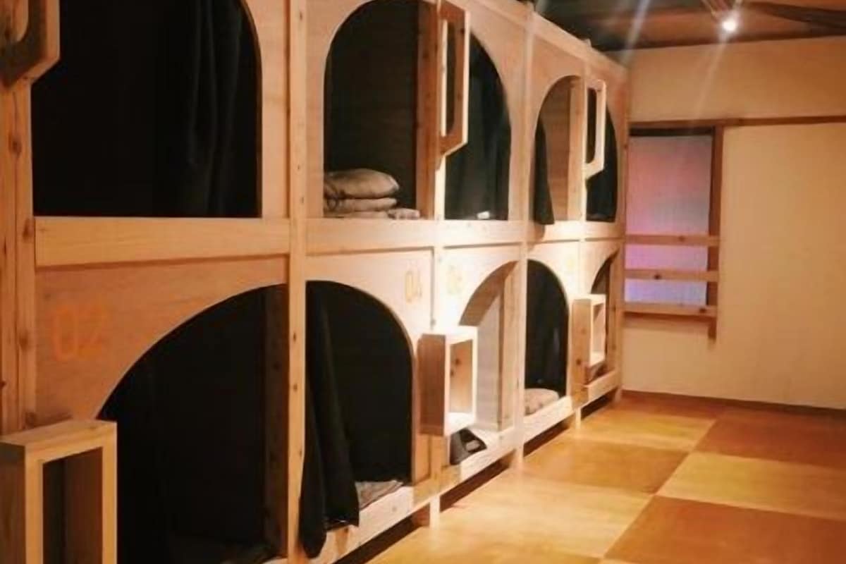 A row of wooden bunk beds with numbers on the side, a checkered floor, and a window with blinds.