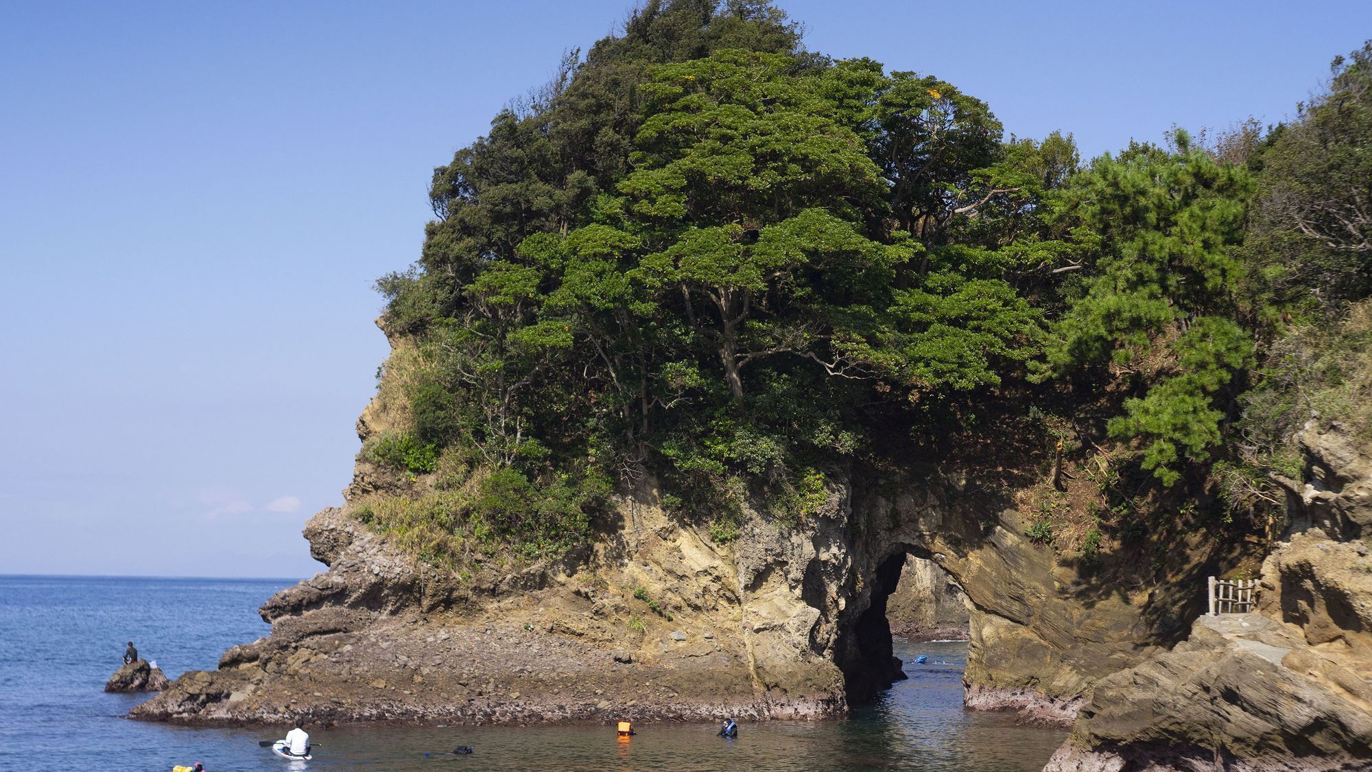 A coastal landscape with a prominent rock formation and a tree-covered cliff.