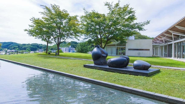 Un jardín de esculturas con esculturas abstractas en un césped cerca de una masa de agua y edificios modernos al fondo.
