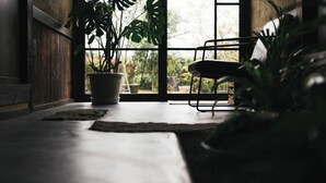 A modern interior with a large window, a potted plant, and a metal chair. - Paak Hotel (Nichinan)