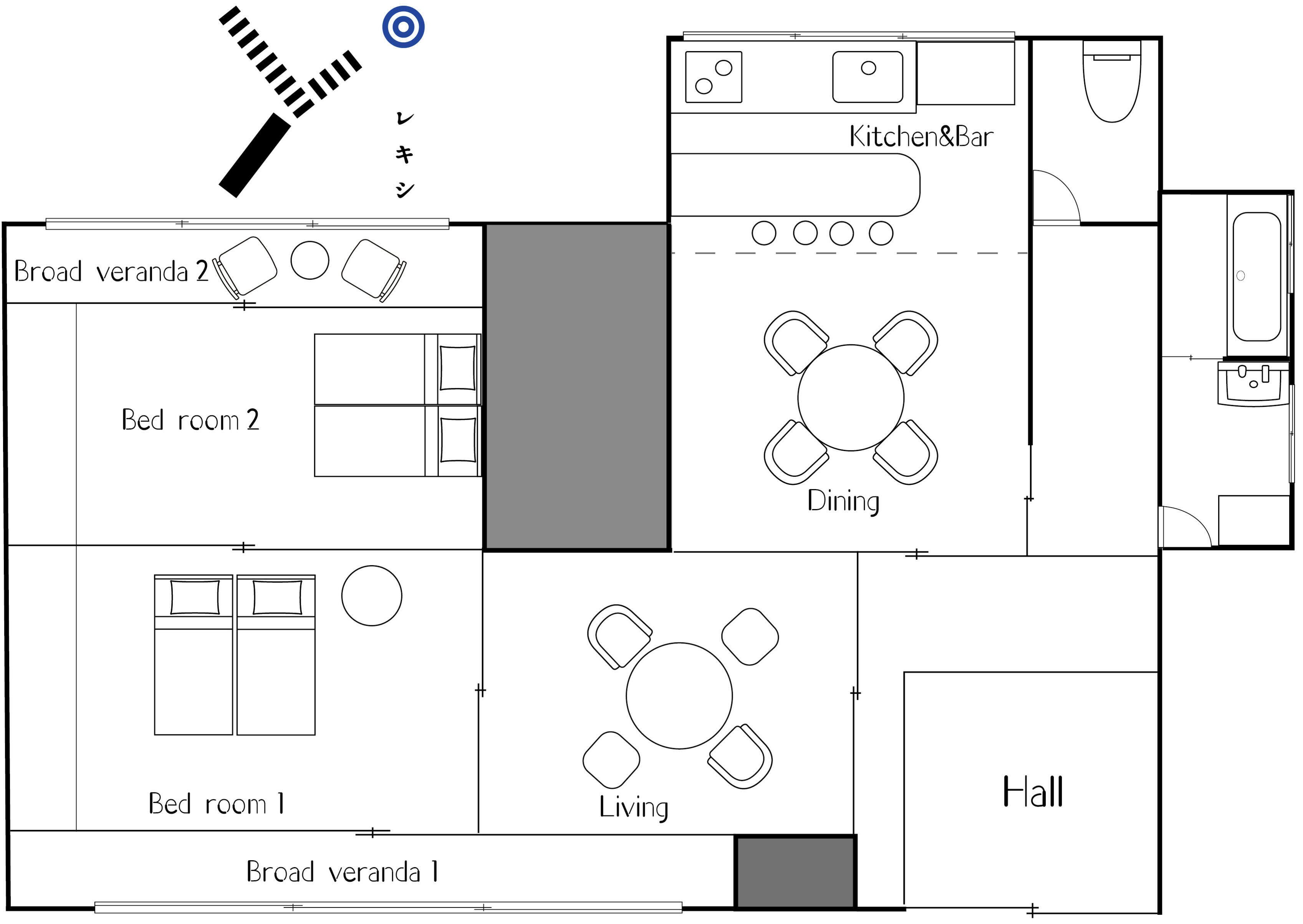 A floor plan with two bedrooms, a living area, dining room, kitchen, bathroom, and a hall.