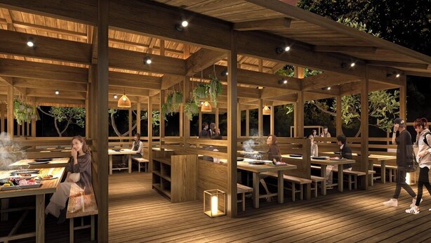 An outdoor wooden deck with tables and benches, some with people dining. - Ryokan Kobushi (Nantan)