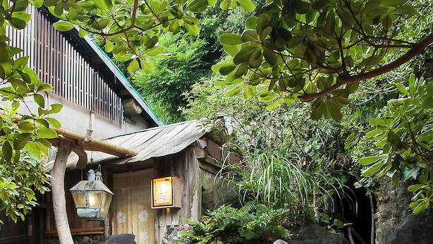 A traditional Japanese building with a wooden exterior, a stone wall, and a small pond with rocks. - Yurakutei (Kamiamakusa)