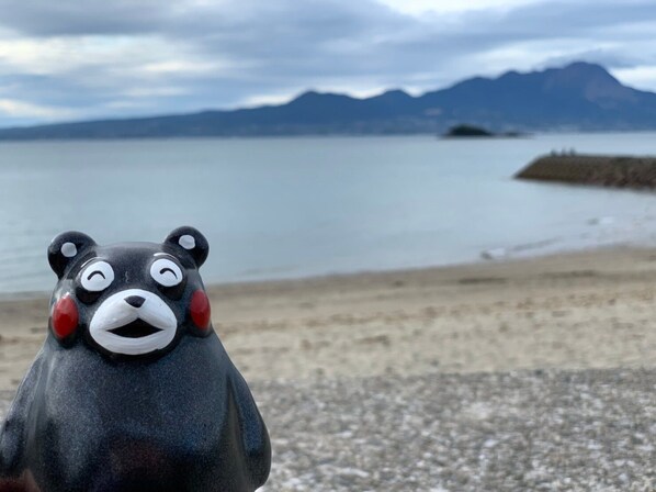 A sculpture of a bear with a beach and mountains in the background. - Yurakutei (Kamiamakusa)