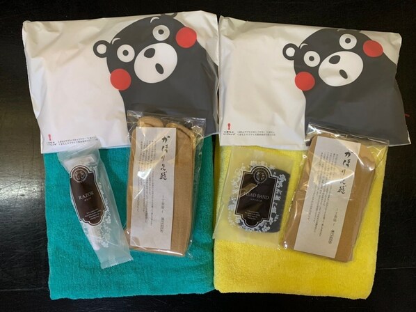 Two packages with a cartoon character design, each containing a bottle and a tag.