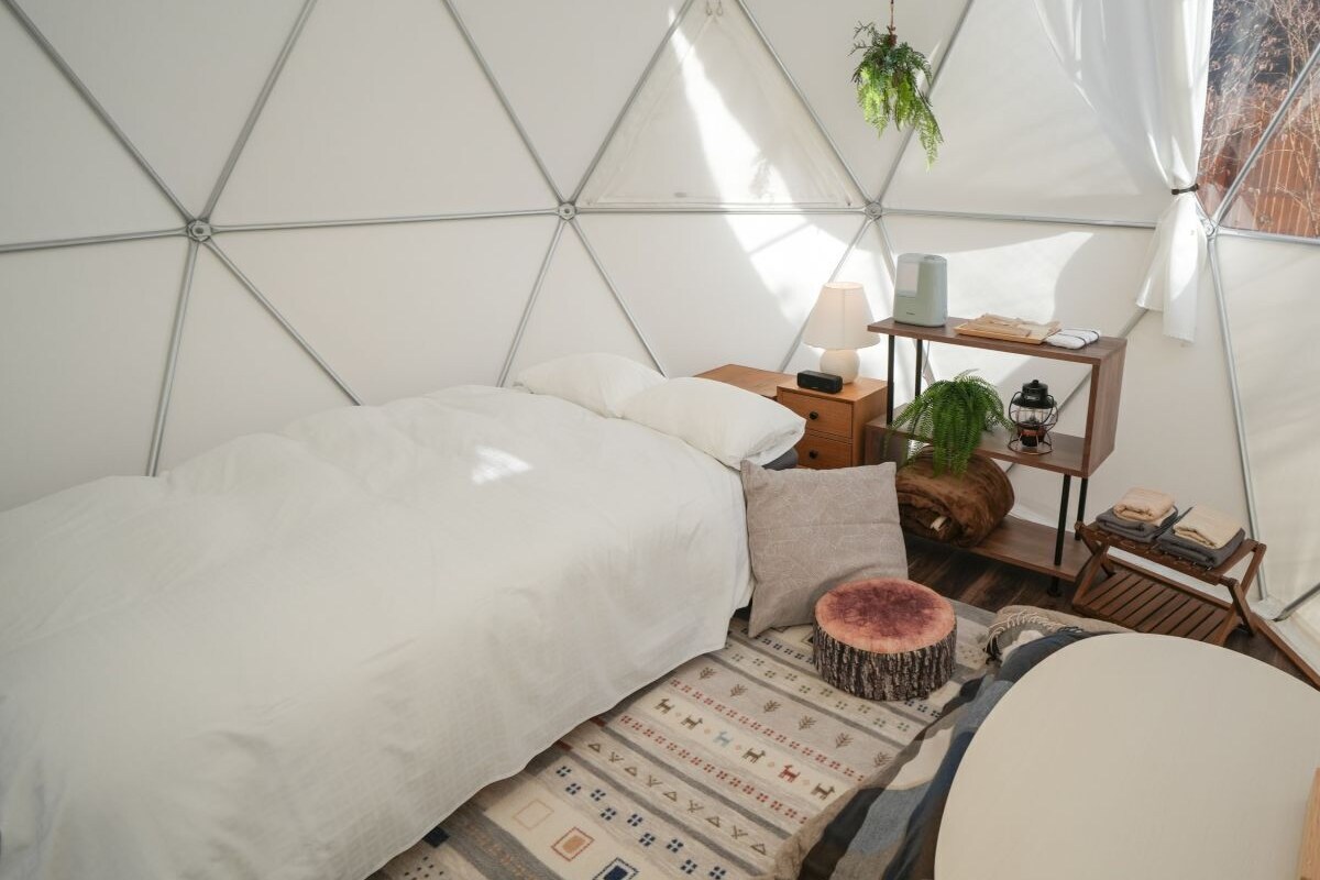 A tented room with a bed, a small table with a lamp, a shelf with plants, and a hanging plant.