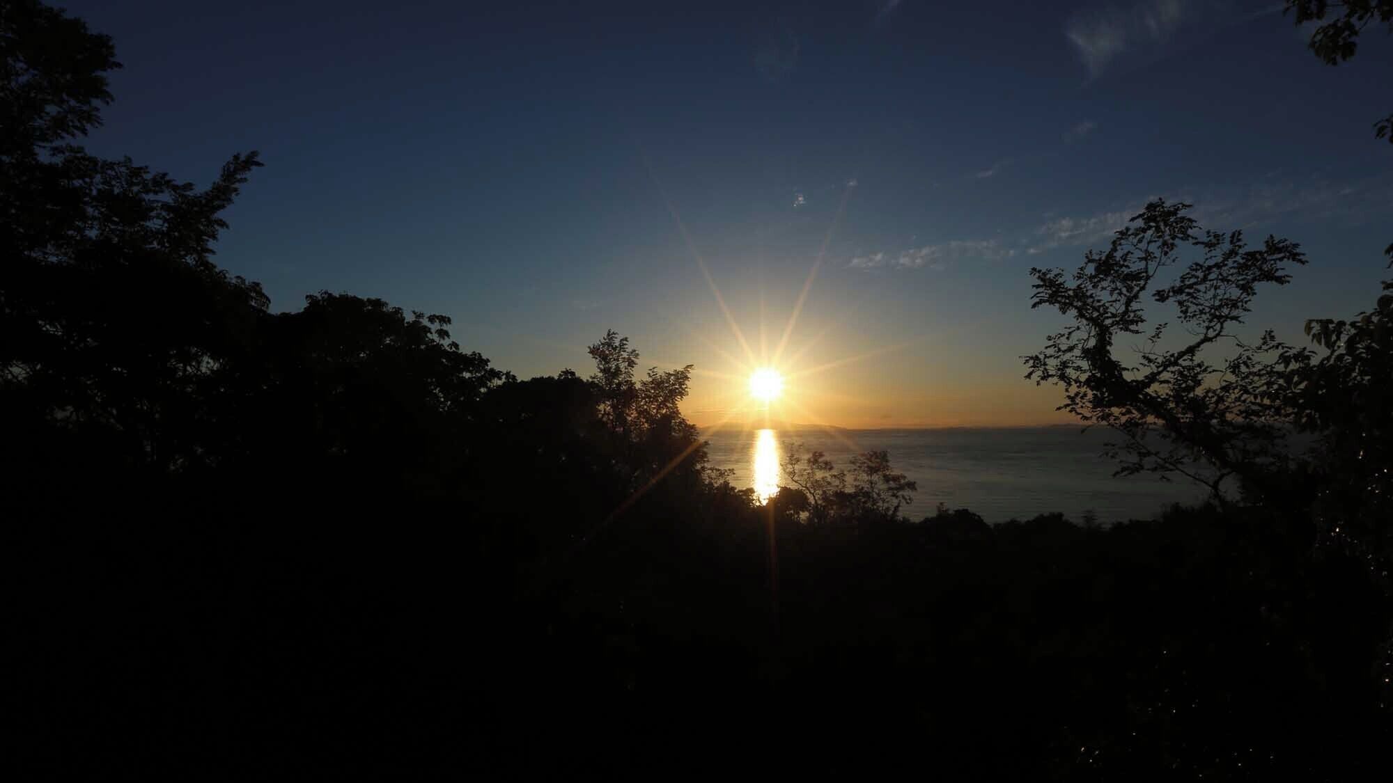 A sunset over a body of water with trees silhouetted against the sky.