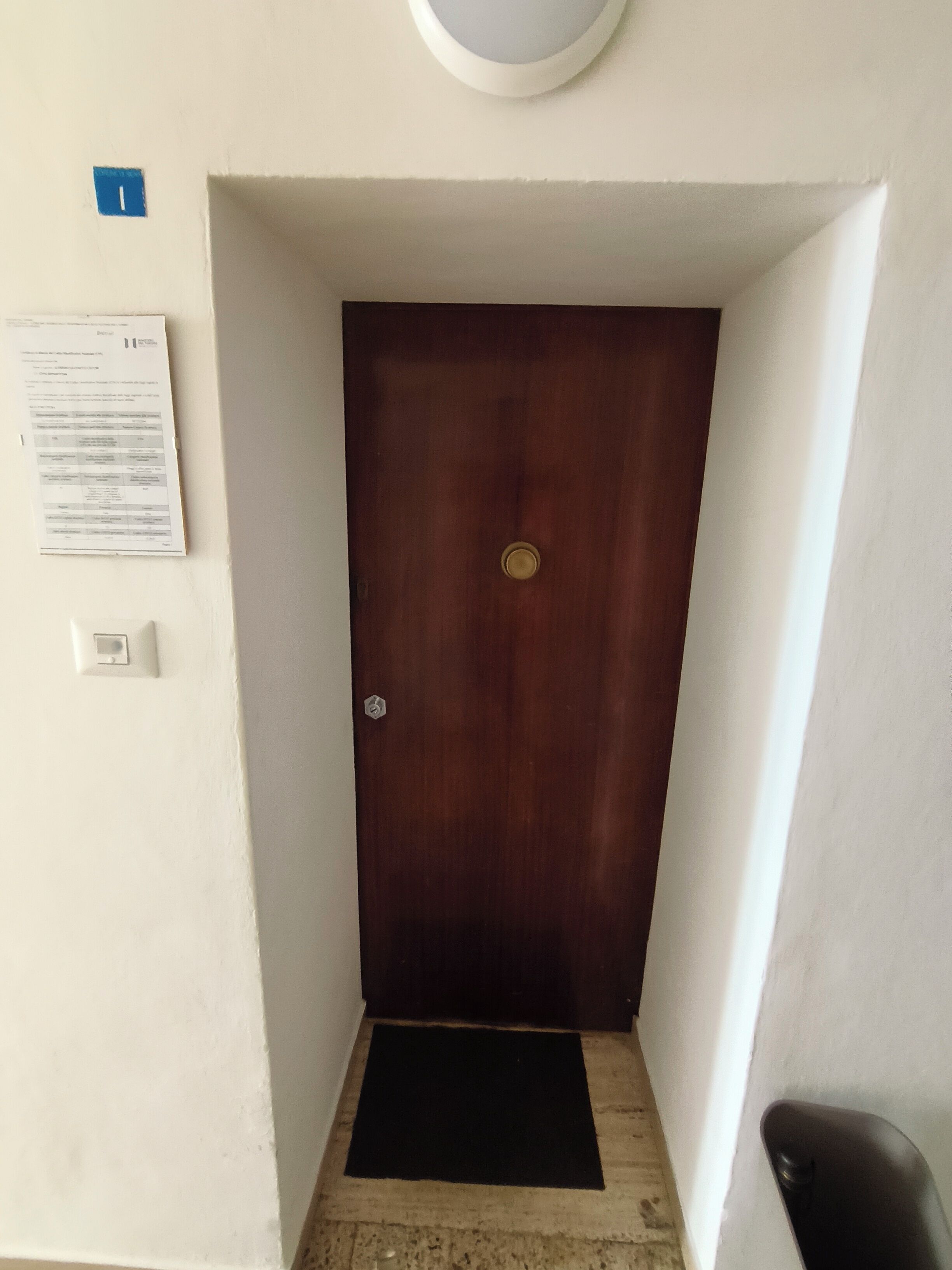 A narrow hallway with a wooden door, a black mat at the entrance, and a light switch on the wall.
