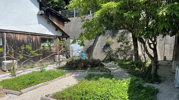 Un jardín con senderos de grava y plantas verdes, una valla de madera y un edificio con techo inclinado.