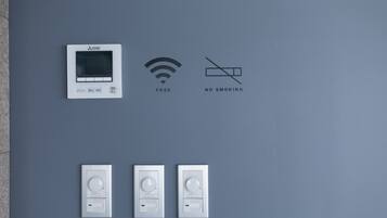 Een muur met een thermostaat, een Wi-Fi symbool, een rookverbodsge teken en nog eens drie thermostaten.