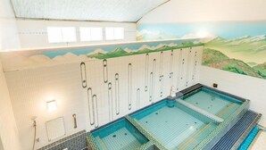 Un espace piscine comprenant plusieurs couloirs de nage, un vestiaire et une fresque murale.