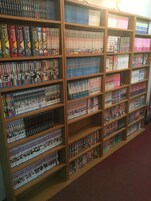 A library with bookshelves filled with books.